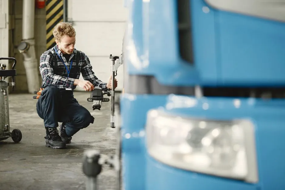 A mechanic aligning and inspecting a truck's wheels in a workshop, representative of the vehicle-inspection knowledge covered on CDL endorsement tests