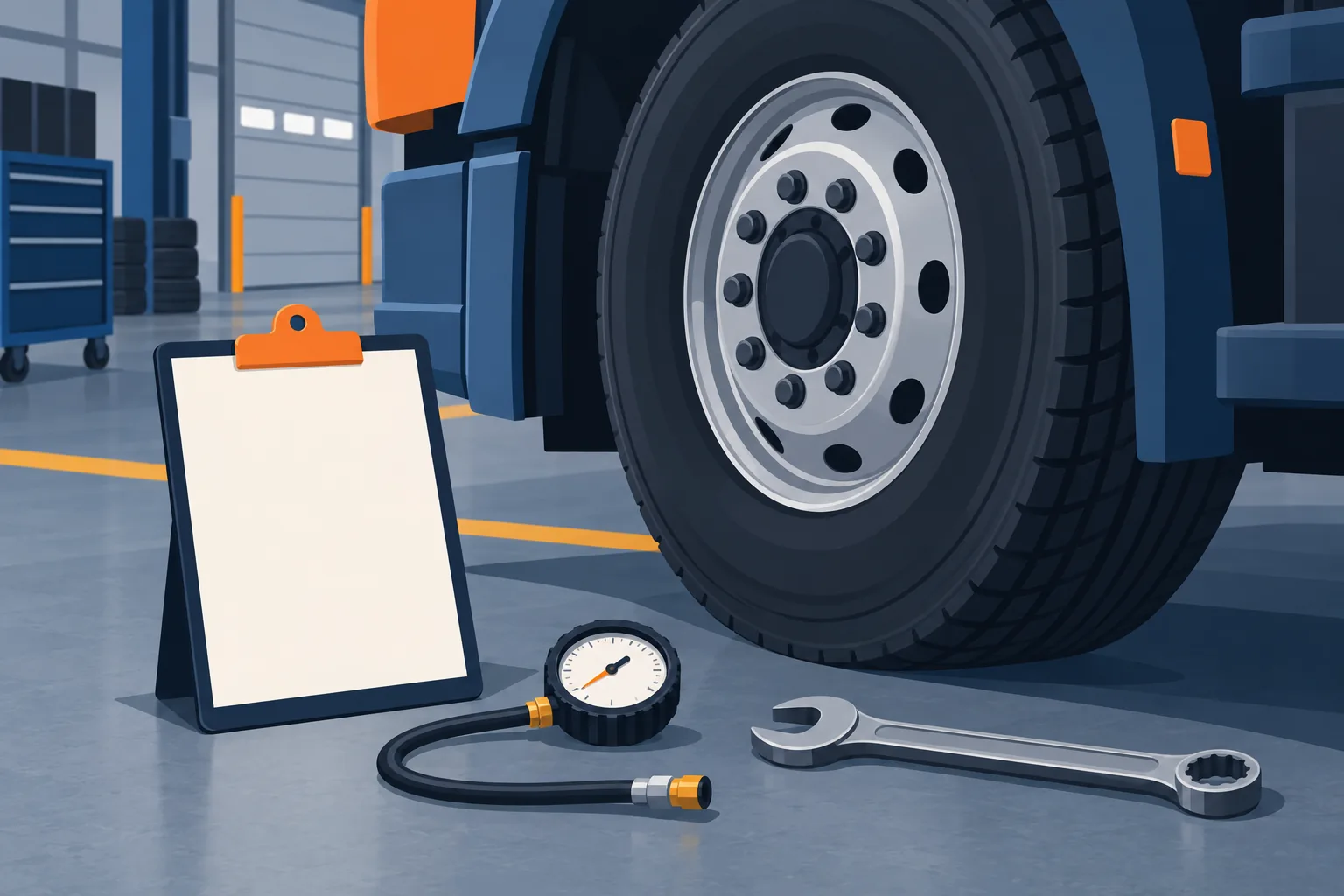 Decorative illustration of inspection tools and a checklist beside a truck wheel, representing CDL endorsement knowledge topics