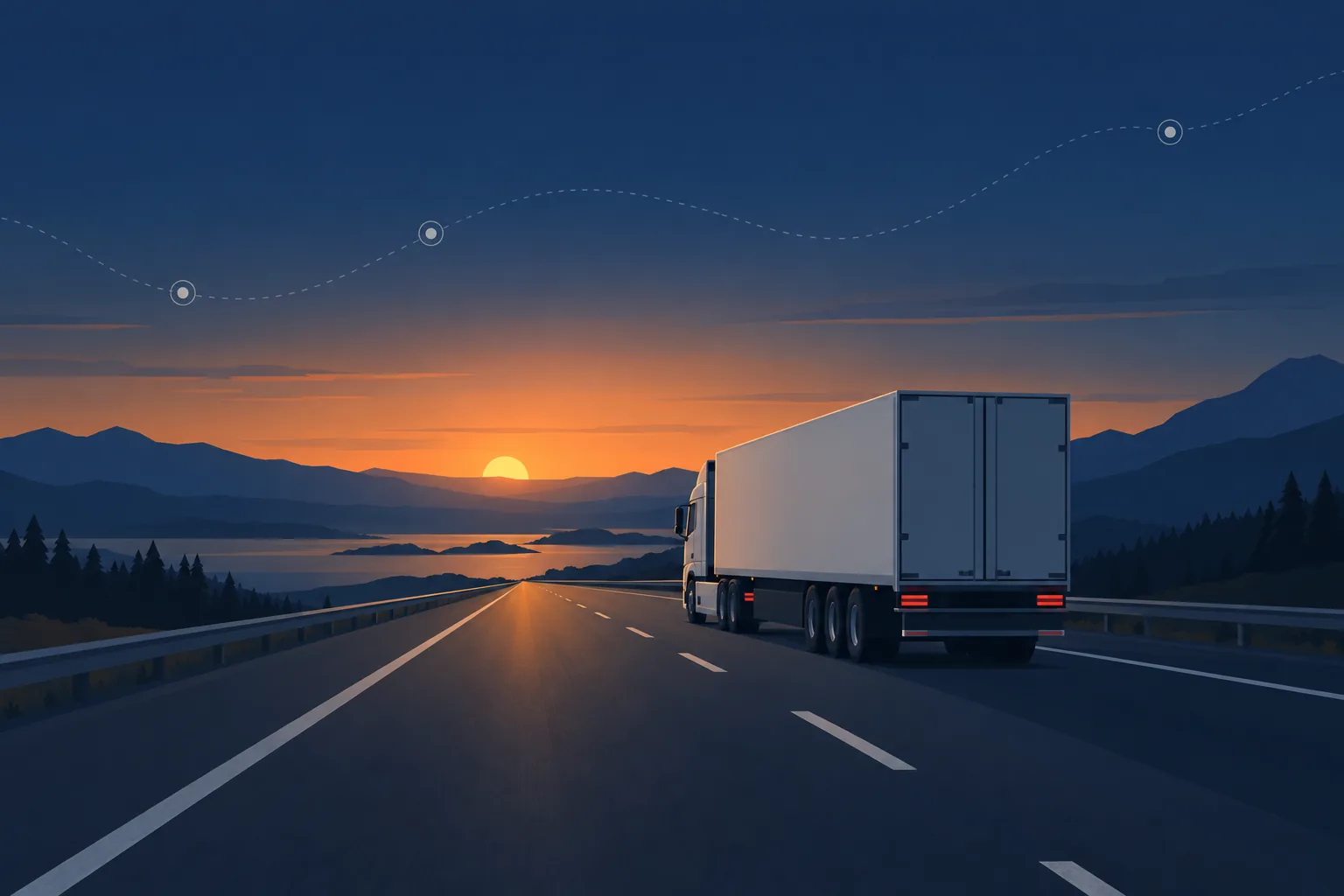 Decorative illustration of a highway with commercial trucks, representing state-by-state CDL practice test coverage