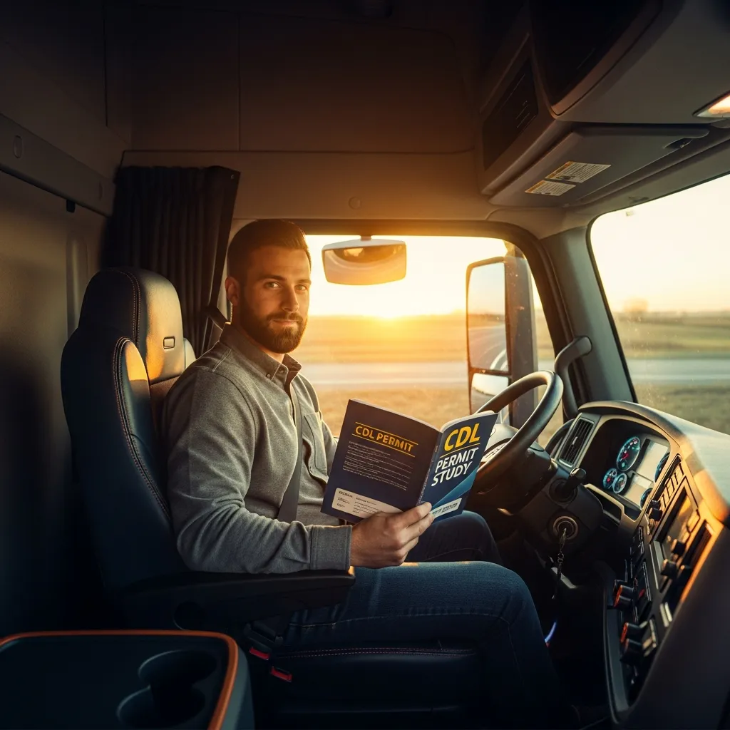 A confident commercial truck driver studying for the CDL permit test